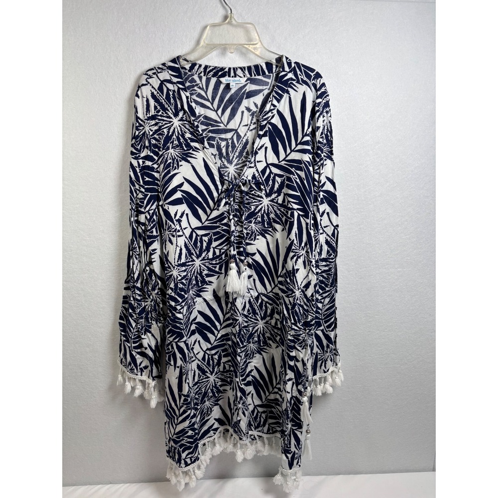 Blue Island Swimsuit Cover Up Womens XL Navy White Rayon Boho Tassel Palm Leaf